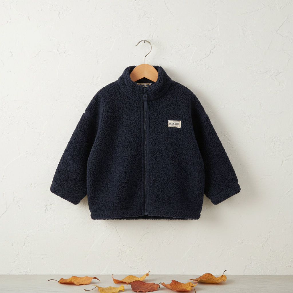 Veste en molleton polaire uni bleu marine foncé avec col montant et zip intégral pour enfant, saison de transition