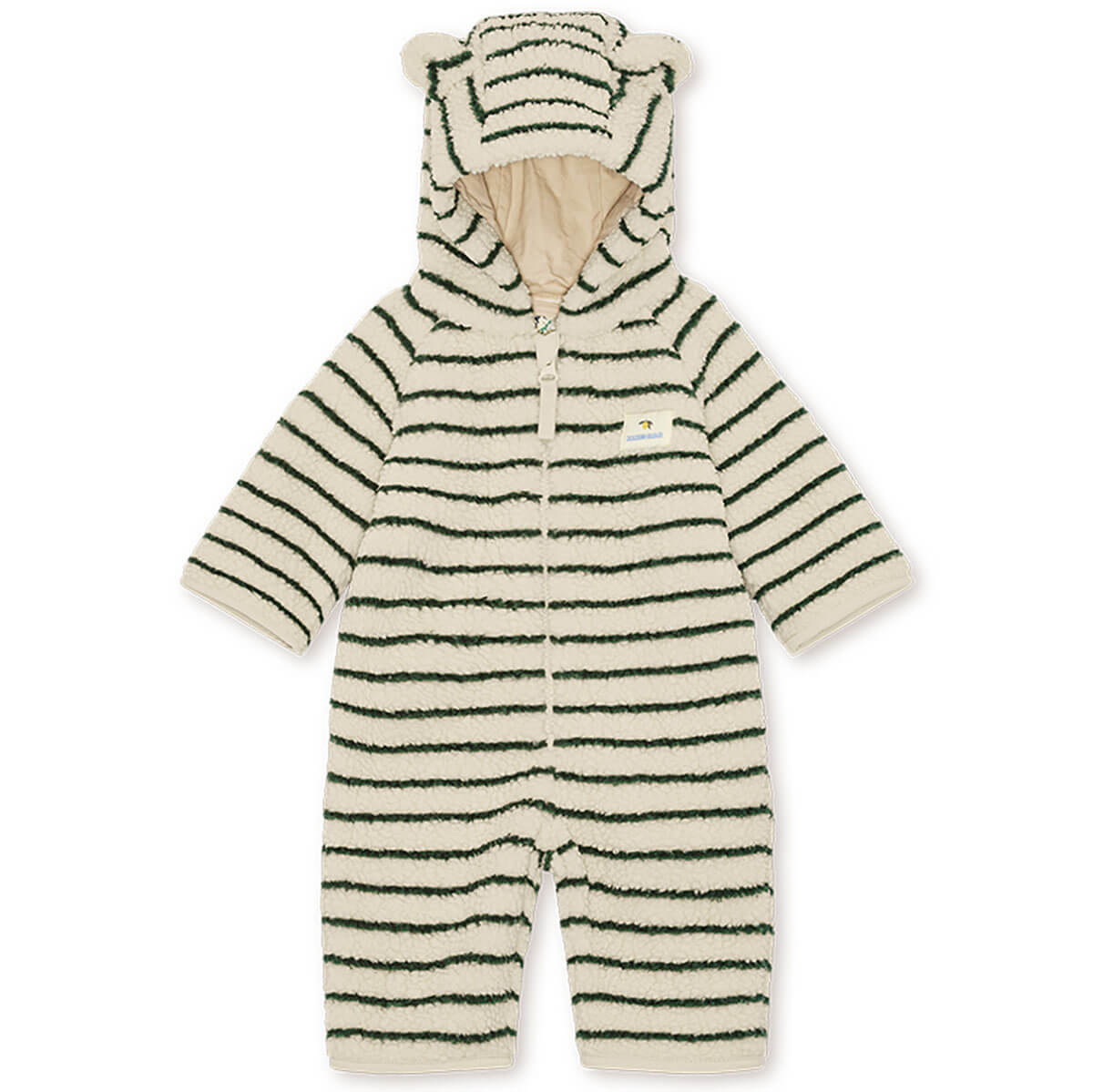 Combinaison à capuche en polaire rayée verte avec zip intégral et doublure polaire pour bébé (sieste en poussette)