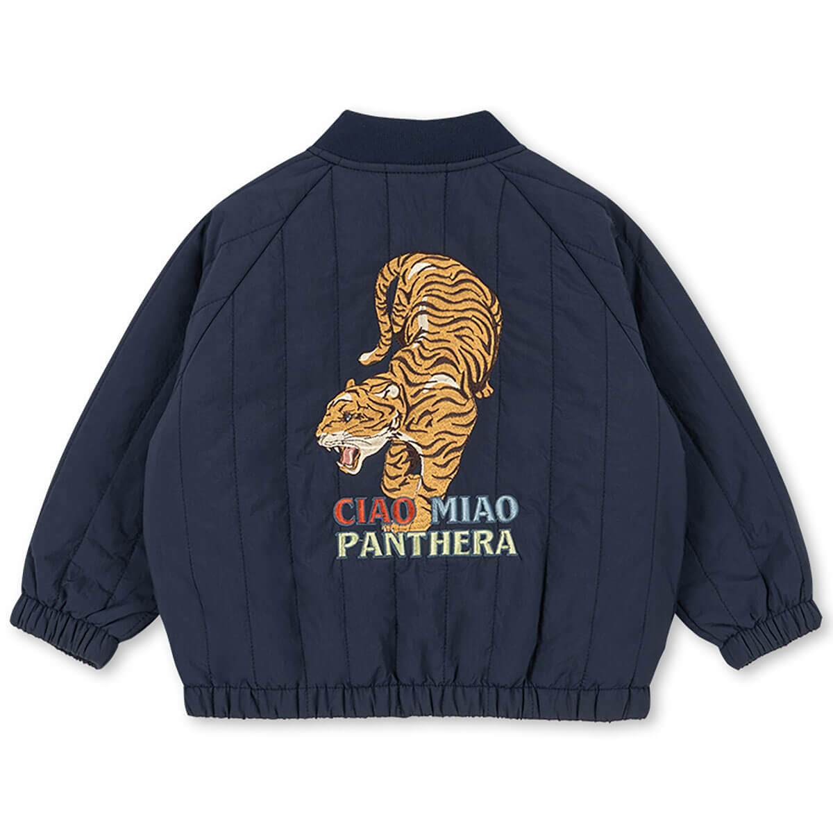 Blouson bomber enfant en nylon bleu marine imprimé tigre avec rembourrage en polyester et fermeture éclair