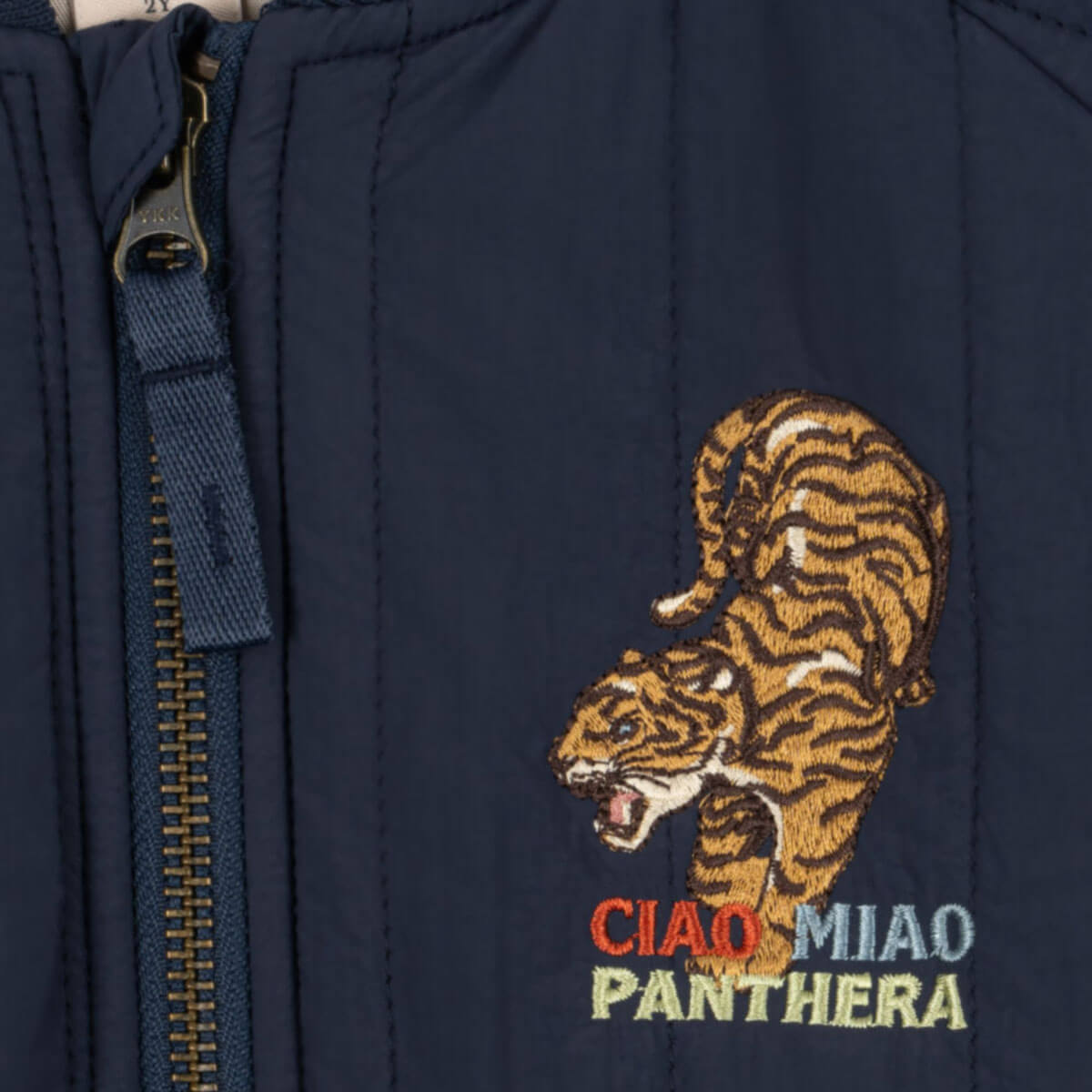 Blouson bomber enfant en nylon bleu marine imprimé tigre avec rembourrage en polyester et fermeture éclair