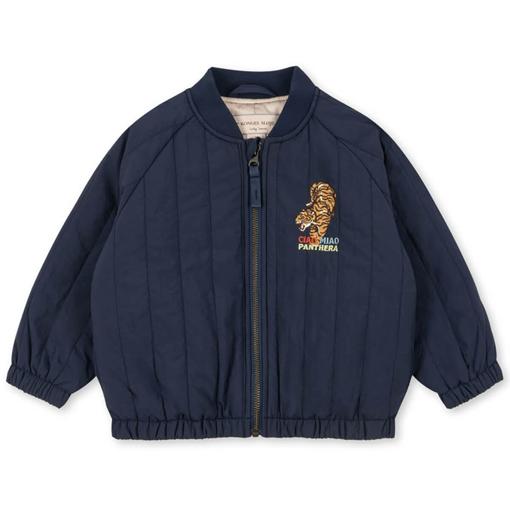 Blouson bomber enfant en nylon bleu marine imprimé tigre avec rembourrage en polyester et fermeture éclair