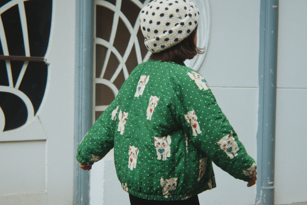 Blouson bomber en nylon imprimé à pois verts avec rembourrage en polyester et finition coupe-vent pour enfant