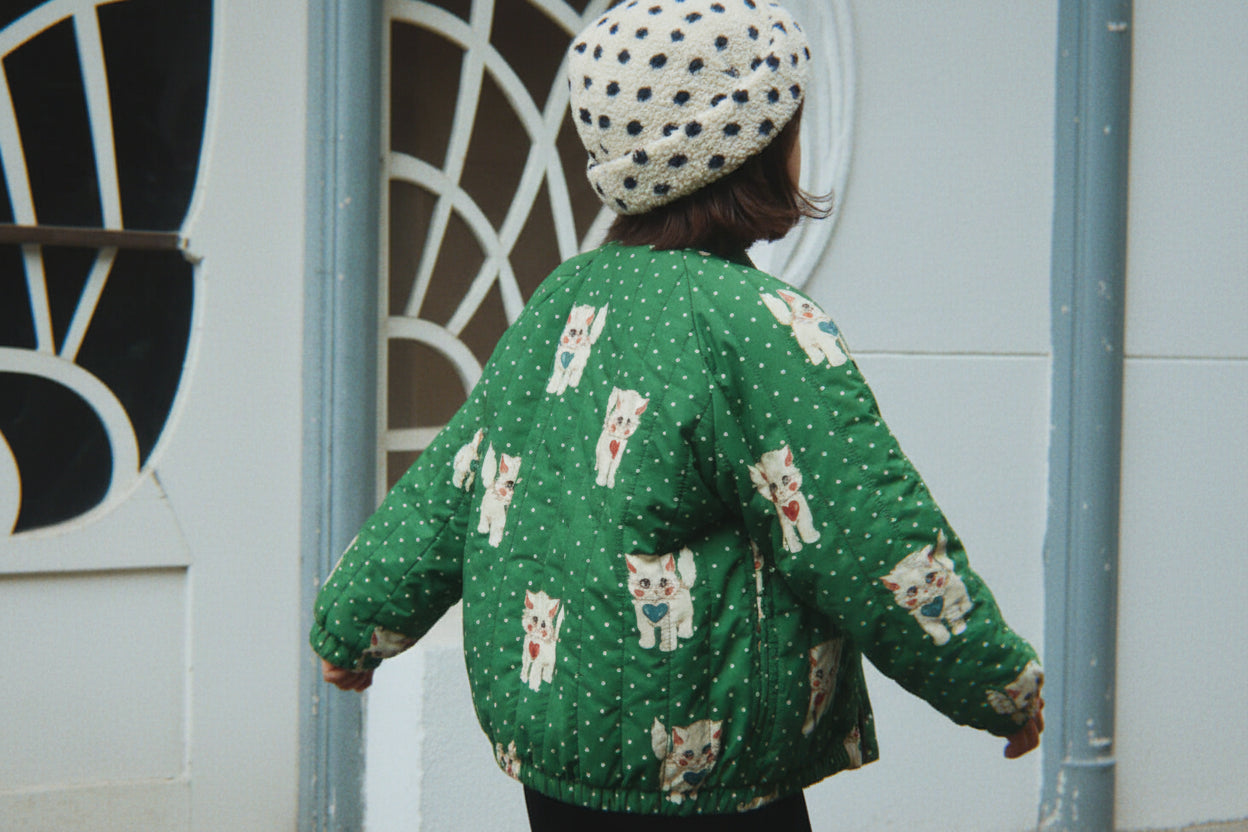 Blouson bomber en nylon imprimé à pois verts avec rembourrage en polyester et finition coupe-vent pour enfant