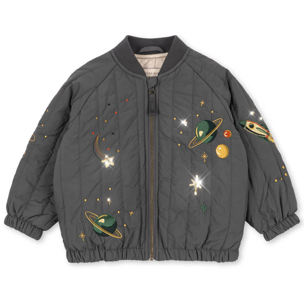 Blouson bomber en nylon gris foncé à dos sequin avec rembourrage en polyester et finition coupe-vent pour vêtements d'extérieur pour enfants