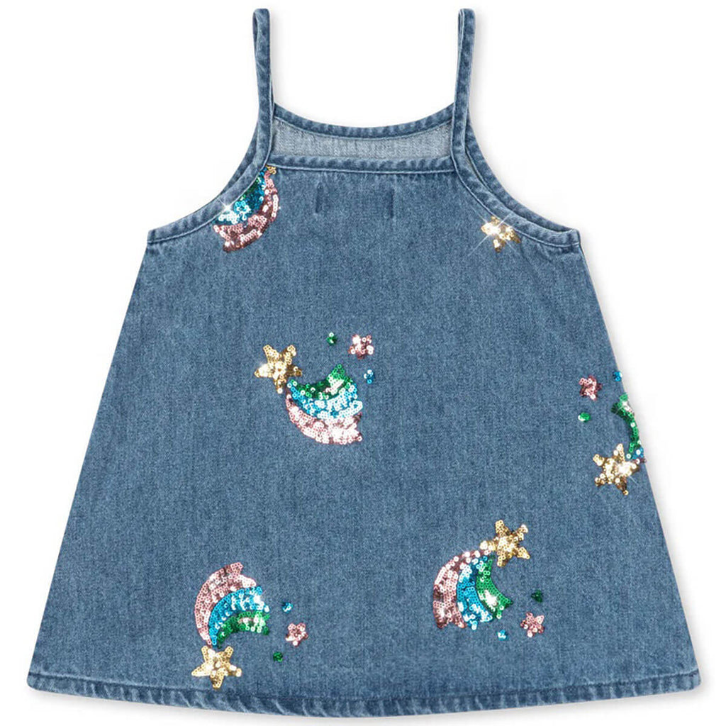 Robe salopette en jean de coton biologique brodée de sequins étoiles arc-en-ciel pour enfants, pour superposition et style quotidien