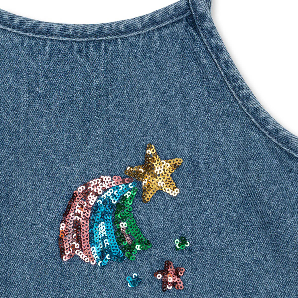 Robe salopette en jean de coton biologique brodée de sequins étoiles arc-en-ciel pour enfants, pour superposition et style quotidien