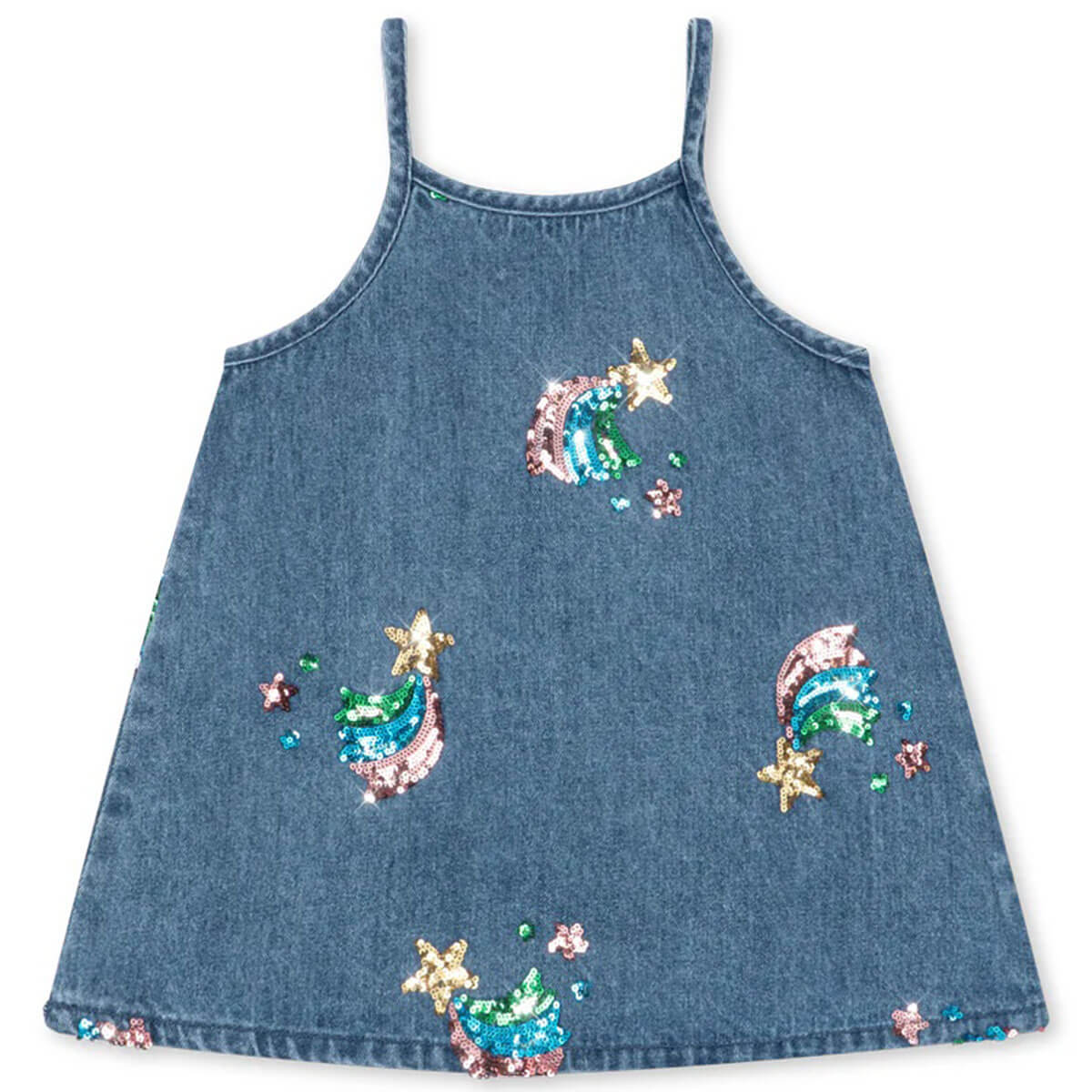 Robe salopette en jean de coton biologique brodée de sequins étoiles arc-en-ciel pour enfants, pour superposition et style quotidien