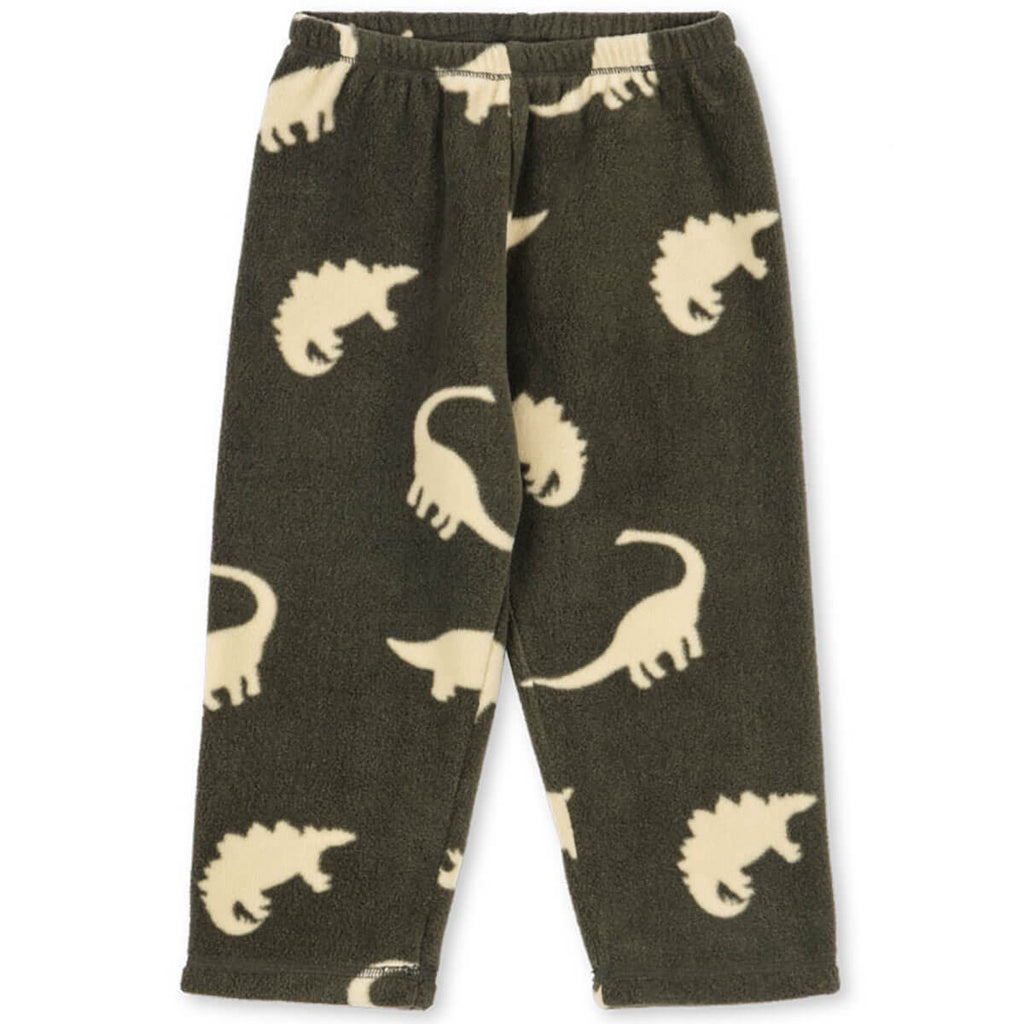 Pantalon en polaire recyclée à coupe droite, motif dinosaure vert, taille élastique pour enfant