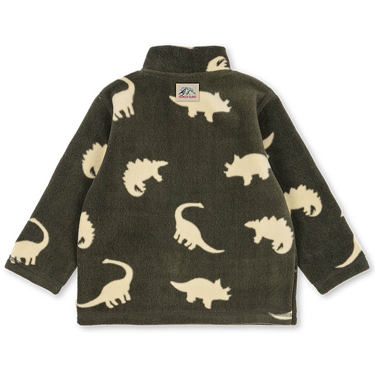 Sweat-shirt zippé enfant en polaire recyclée avec col montant et motif dinosaure gris, idéal pour être porté en superposition