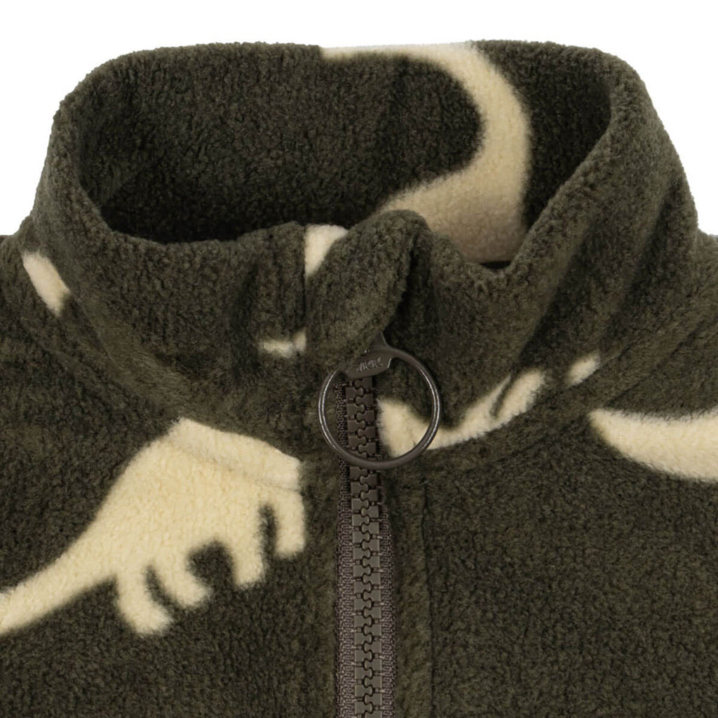 Sweat-shirt zippé enfant en polaire recyclée avec col montant et motif dinosaure gris, idéal pour être porté en superposition