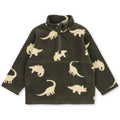Sweat-shirt zippé enfant en polaire recyclée avec col montant et motif dinosaure gris, idéal pour être porté en superposition