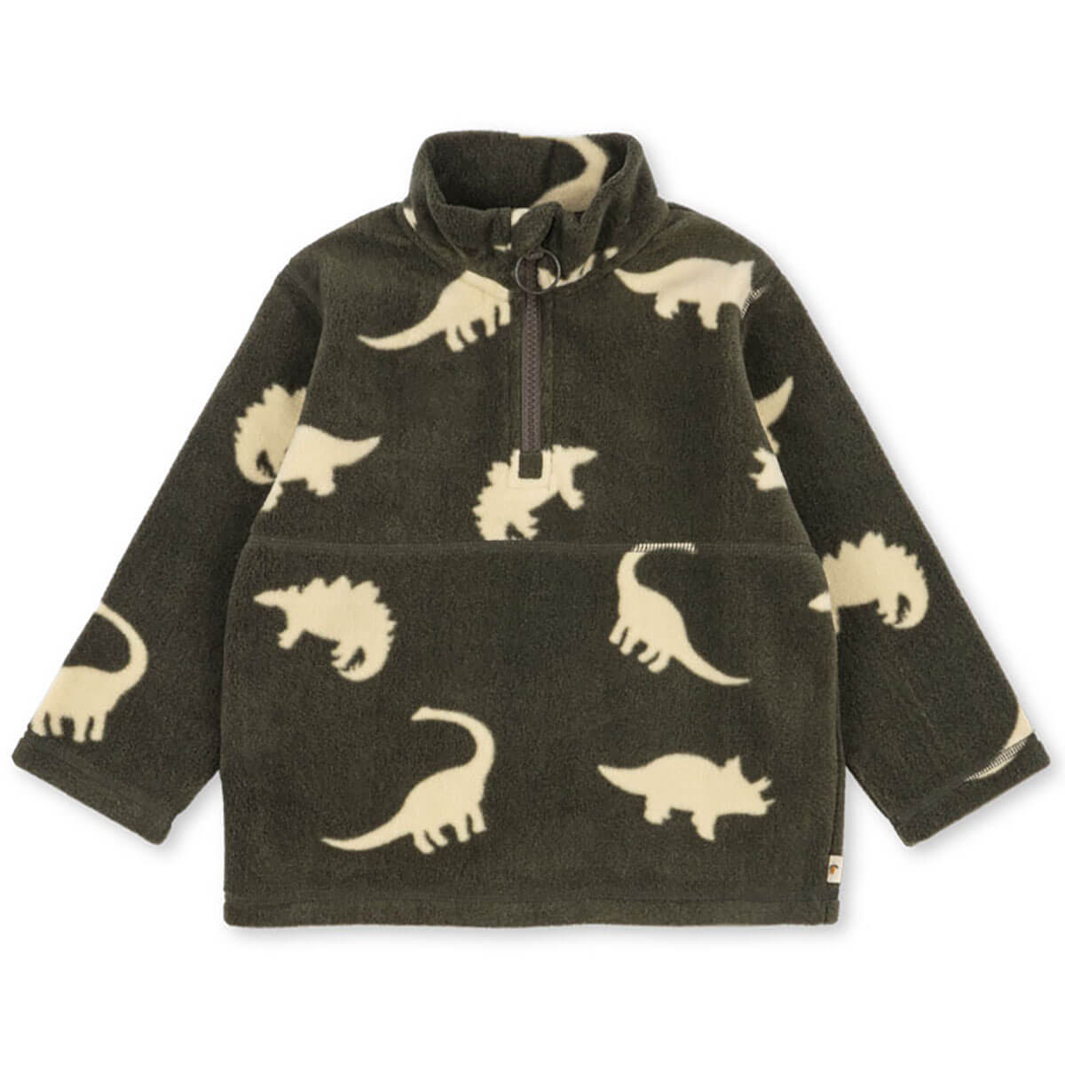 Sweat-shirt zippé enfant en polaire recyclée avec col montant et motif dinosaure gris, idéal pour être porté en superposition