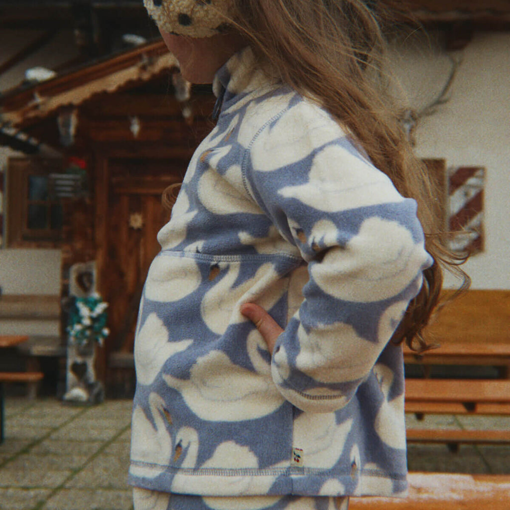 Sweat-shirt zippé en polaire recyclée à imprimé cygne avec col montant pour enfants, idéal pour les superpositions par temps froid.