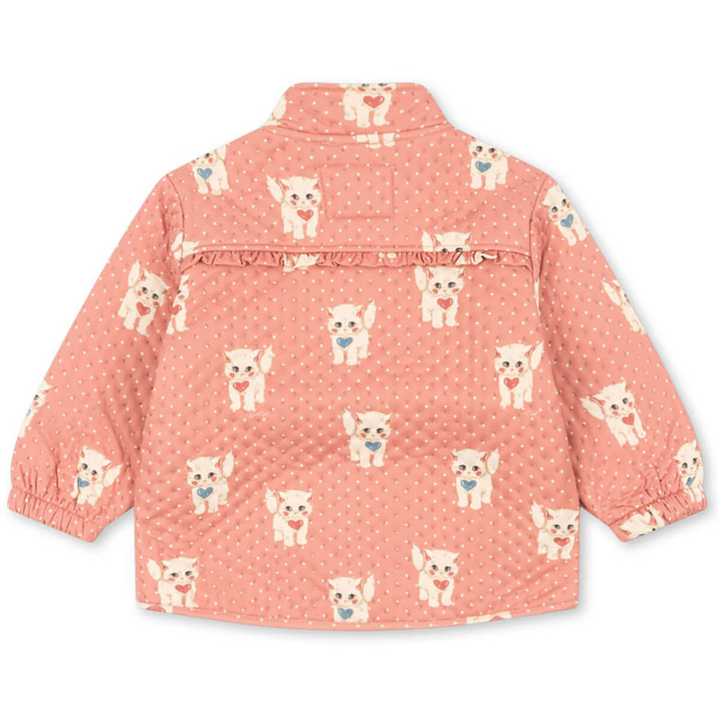 Veste thermique enfant avec doublure polaire en matière recyclée, imprimé roses et chats, col montant et détails volantés pour l'école