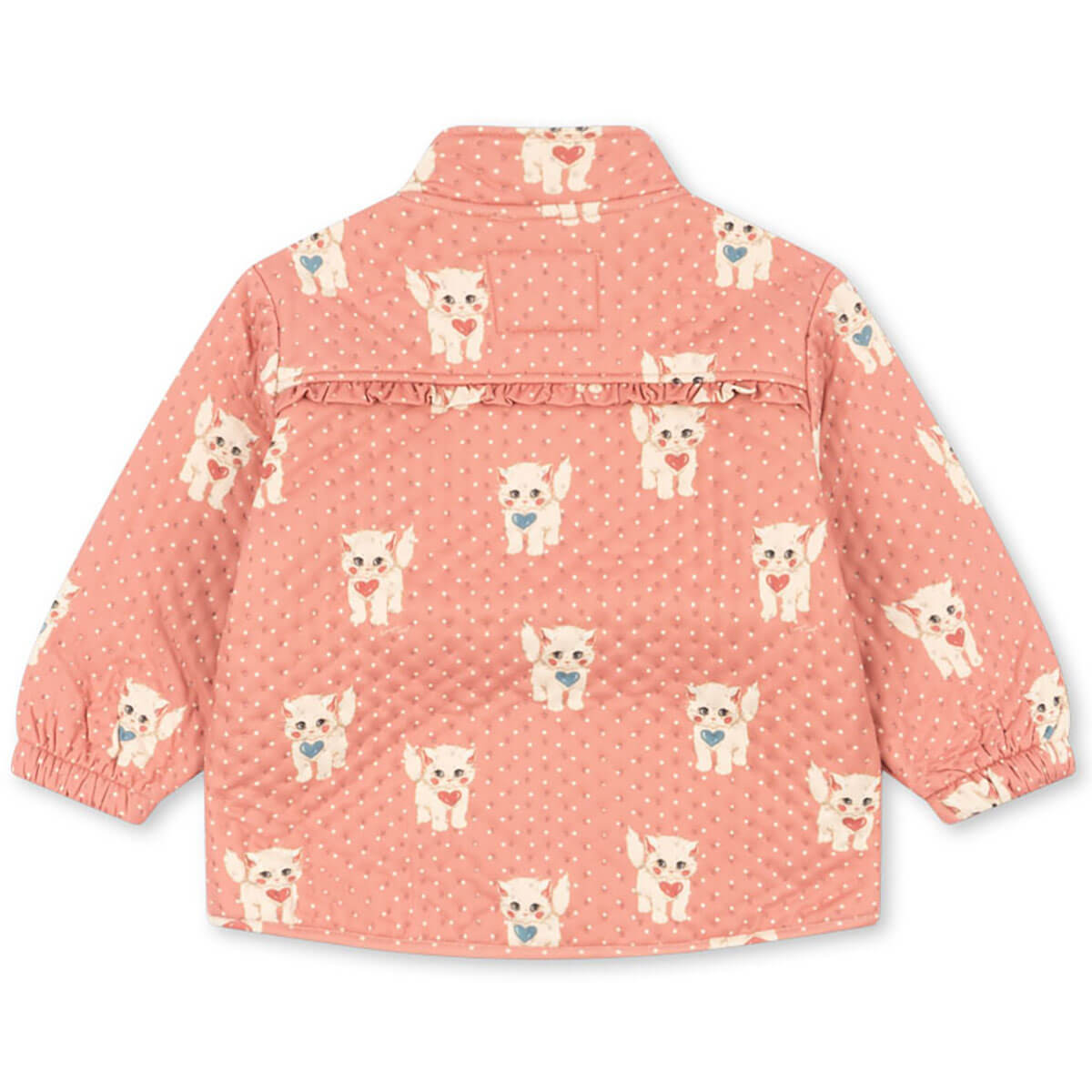 Veste thermique enfant avec doublure polaire en matière recyclée, imprimé roses et chats, col montant et détails volantés pour l'école