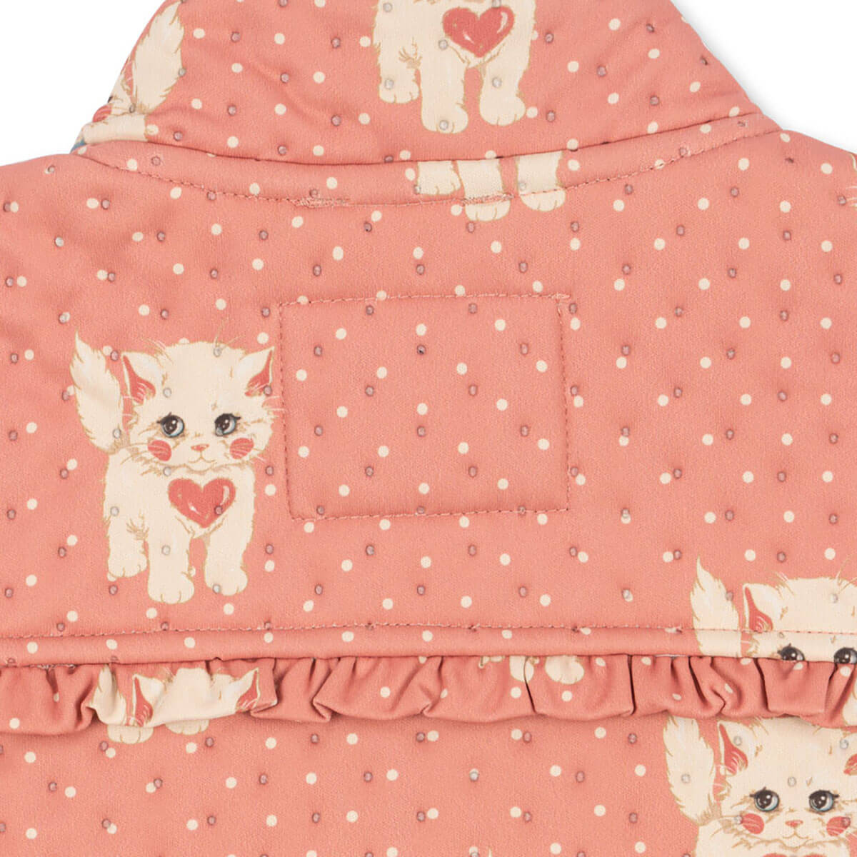 Veste thermique enfant avec doublure polaire en matière recyclée, imprimé roses et chats, col montant et détails volantés pour l'école