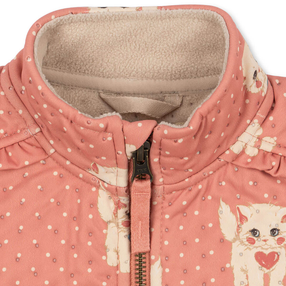 Veste thermique enfant avec doublure polaire en matière recyclée, imprimé roses et chats, col montant et détails volantés pour l'école