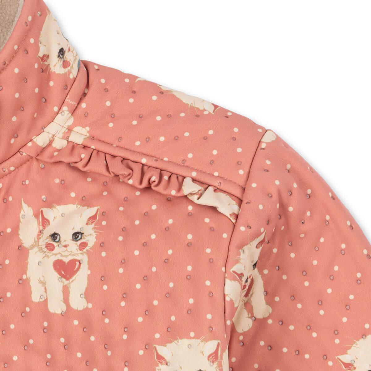 Veste thermique enfant avec doublure polaire en matière recyclée, imprimé roses et chats, col montant et détails volantés pour l'école