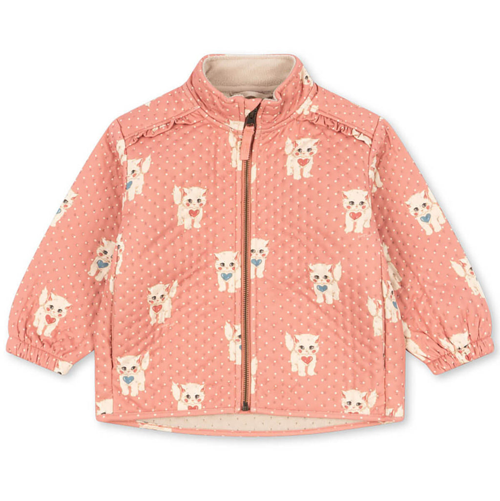 Veste thermique enfant avec doublure polaire en matière recyclée, imprimé roses et chats, col montant et détails volantés pour l'école