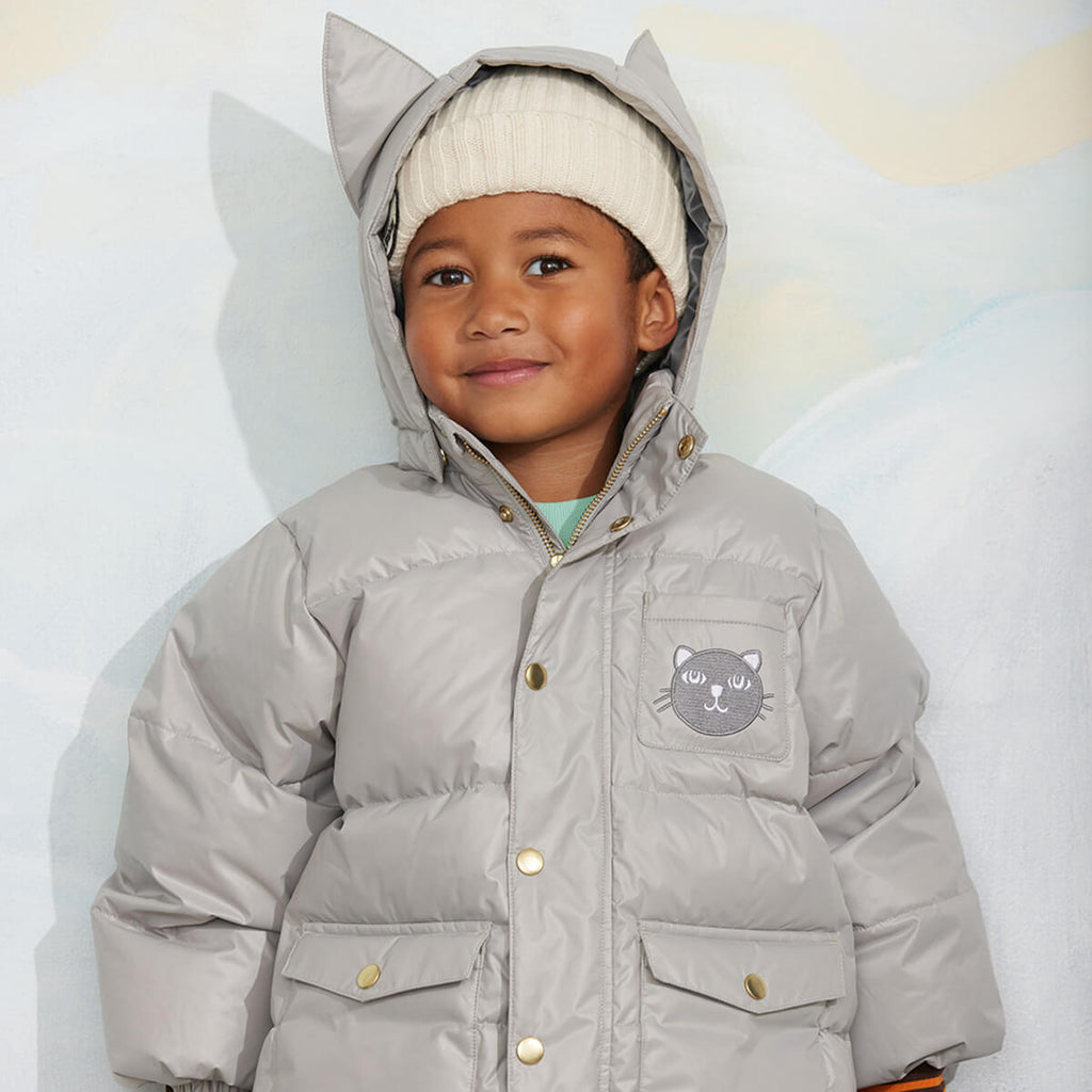 Doudoune épaisse à capuche et poches spacieuses avec oreilles de chat grises en polyester recyclé pour enfant