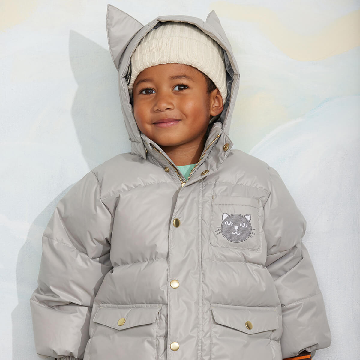 Doudoune épaisse à capuche et poches spacieuses avec oreilles de chat grises en polyester recyclé pour enfant