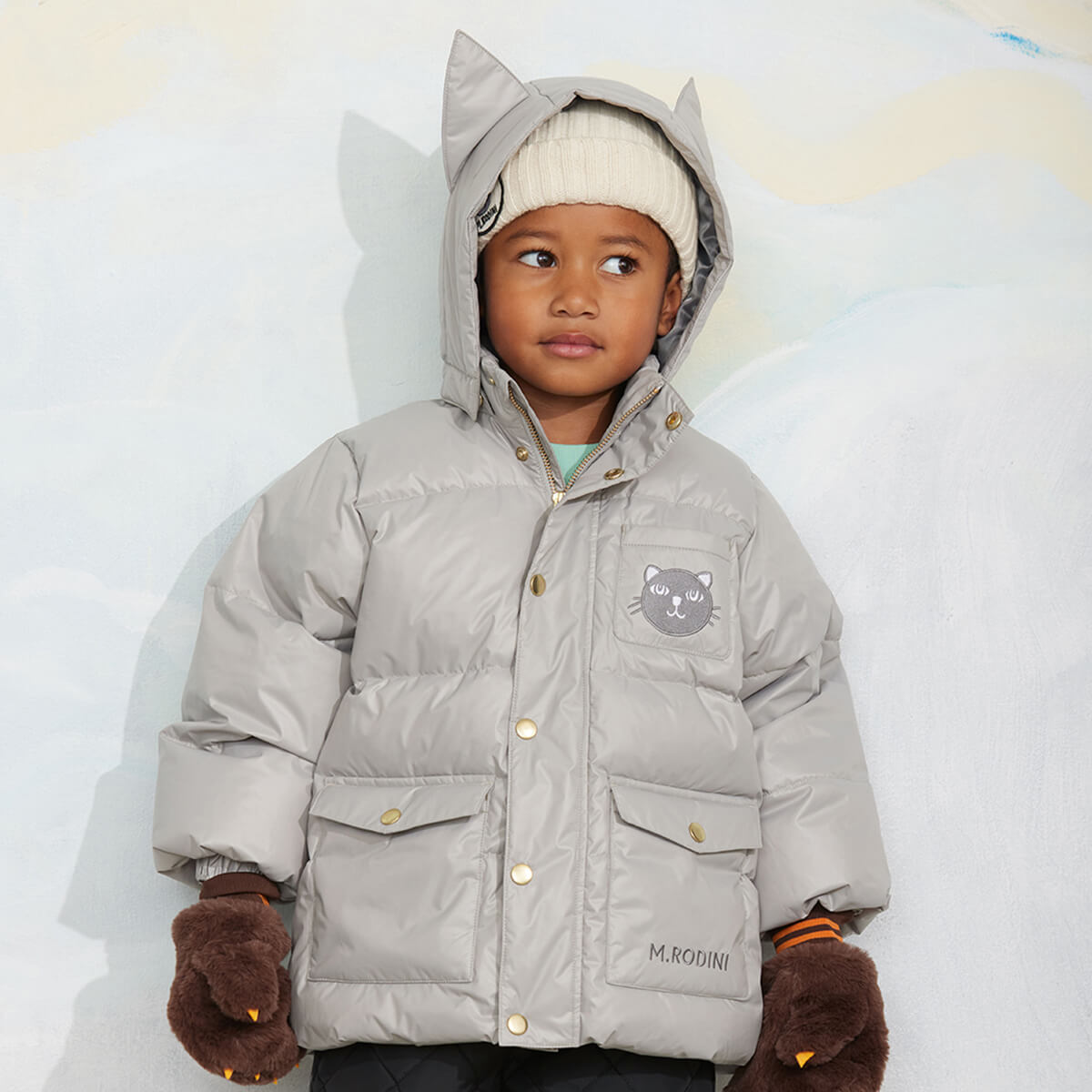 Doudoune épaisse à capuche et poches spacieuses avec oreilles de chat grises en polyester recyclé pour enfant