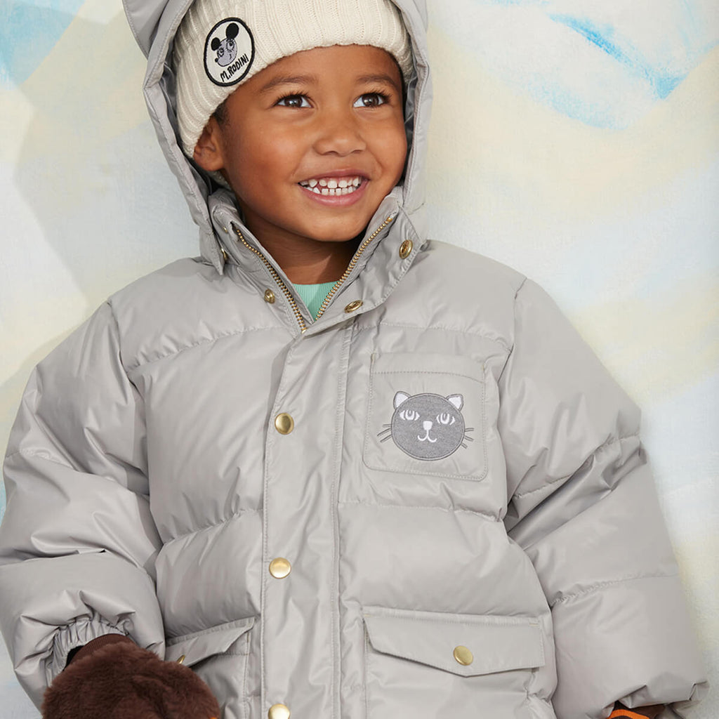 Doudoune épaisse à capuche et poches spacieuses avec oreilles de chat grises en polyester recyclé pour enfant