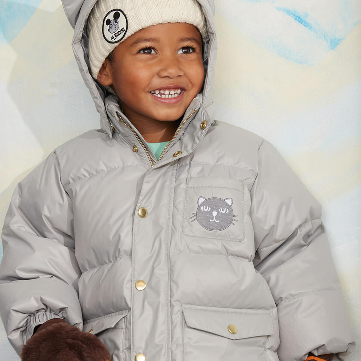 Doudoune épaisse à capuche et poches spacieuses avec oreilles de chat grises en polyester recyclé pour enfant