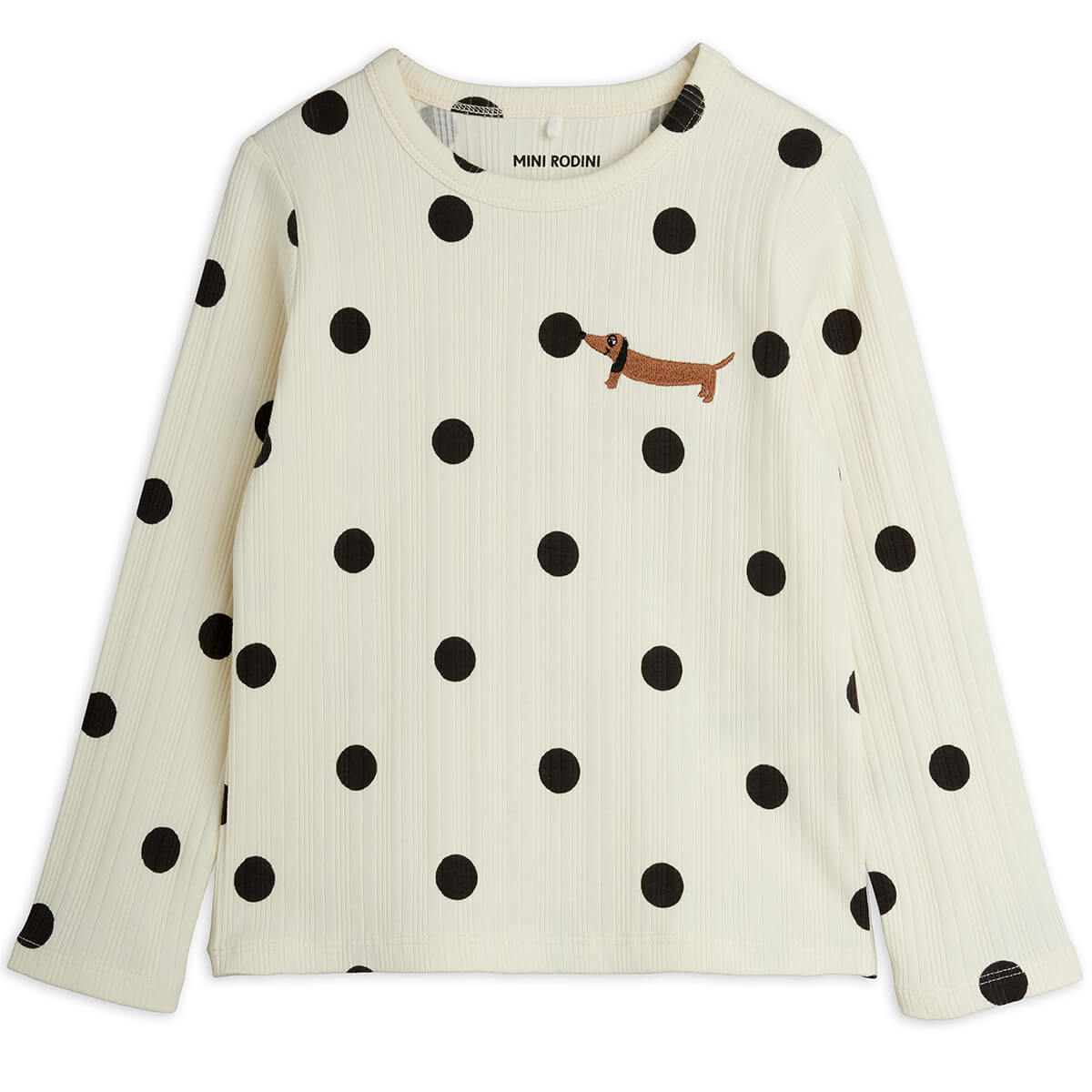 T-shirt à manches longues en coton biologique à pois blancs cassés imprimé chien avec coupe extensible pour enfants - Tenue décontractée