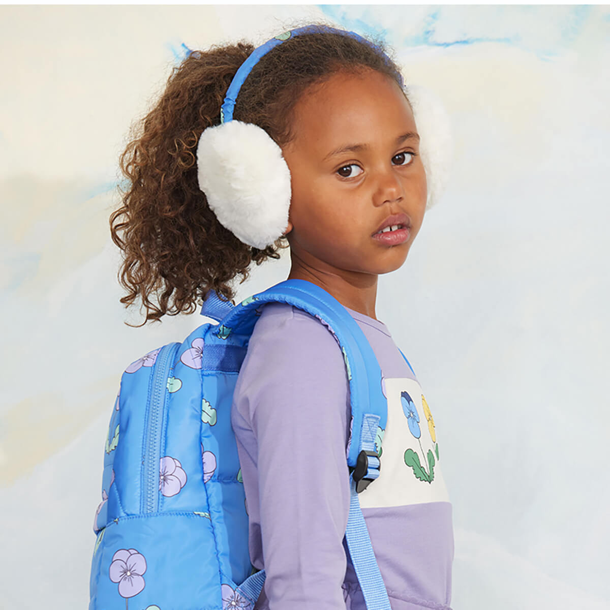 Cache-oreilles en fausse fourrure à imprimé floral blanc cassé avec bandeau doux pour enfants Hiver