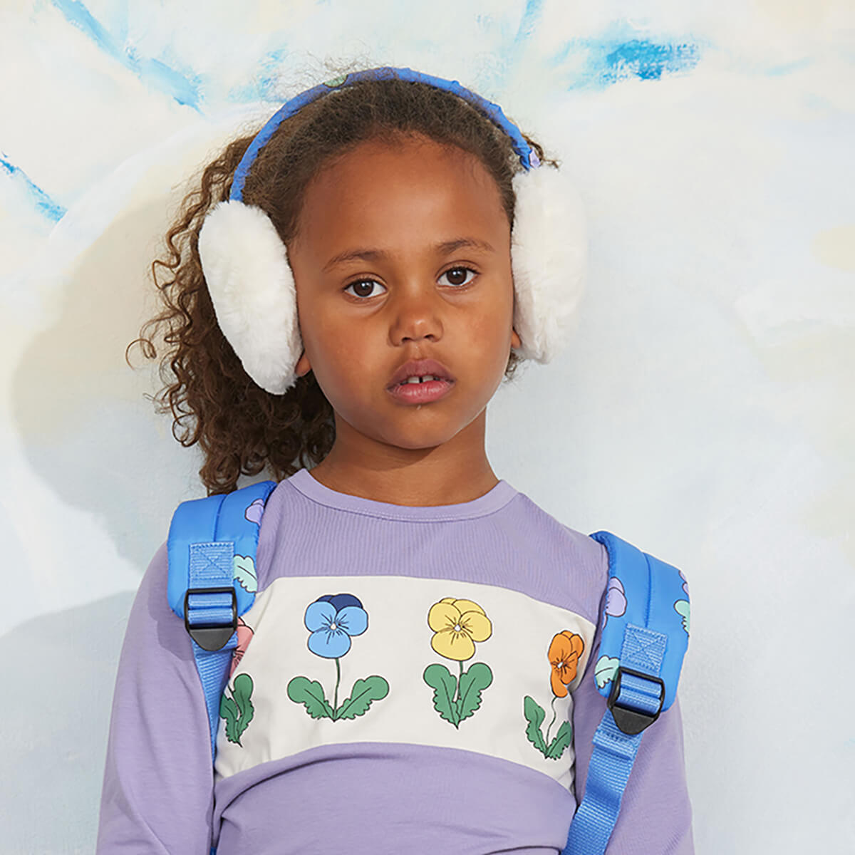 Cache-oreilles en fausse fourrure à imprimé floral blanc cassé avec bandeau doux pour enfants Hiver
