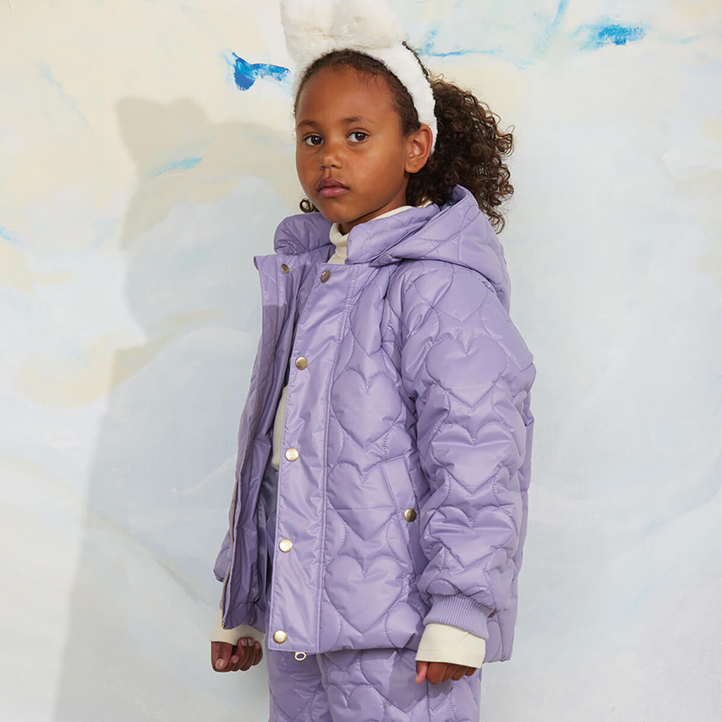 Doudoune matelassée en polyester recyclé à imprimé cœur violet avec capuche amovible pour enfant - Hiver
