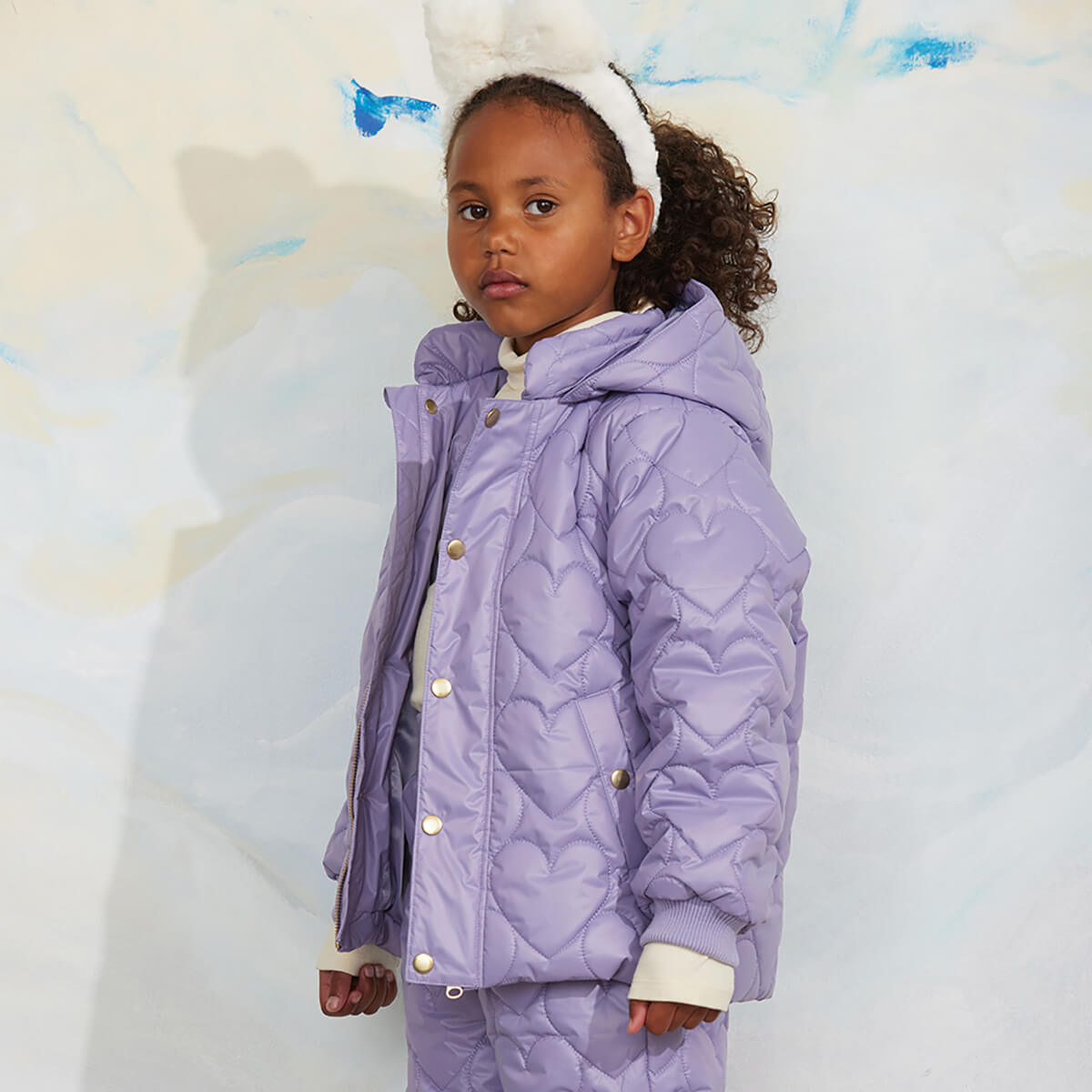 Doudoune matelassée en polyester recyclé à imprimé cœur violet avec capuche amovible pour enfant - Hiver