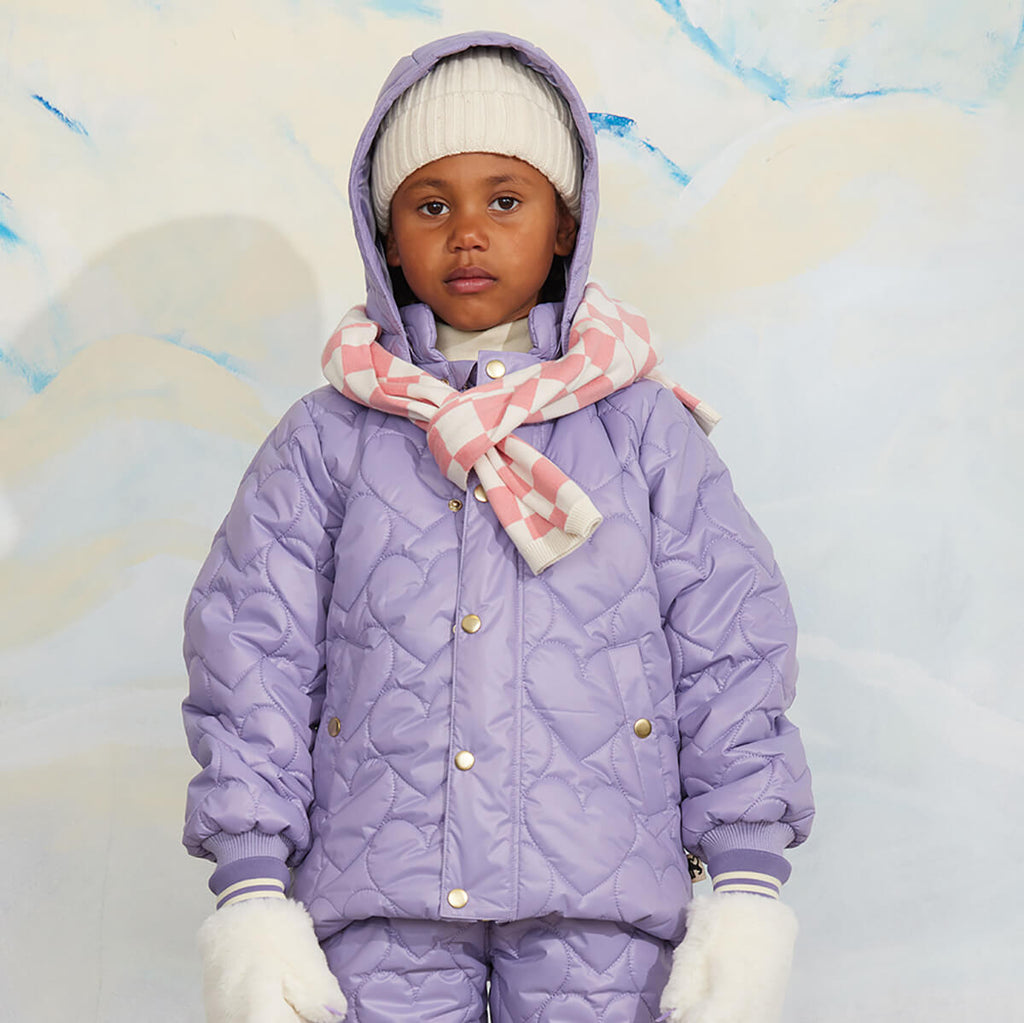 Doudoune matelassée en polyester recyclé à imprimé cœur violet avec capuche amovible pour enfant - Hiver