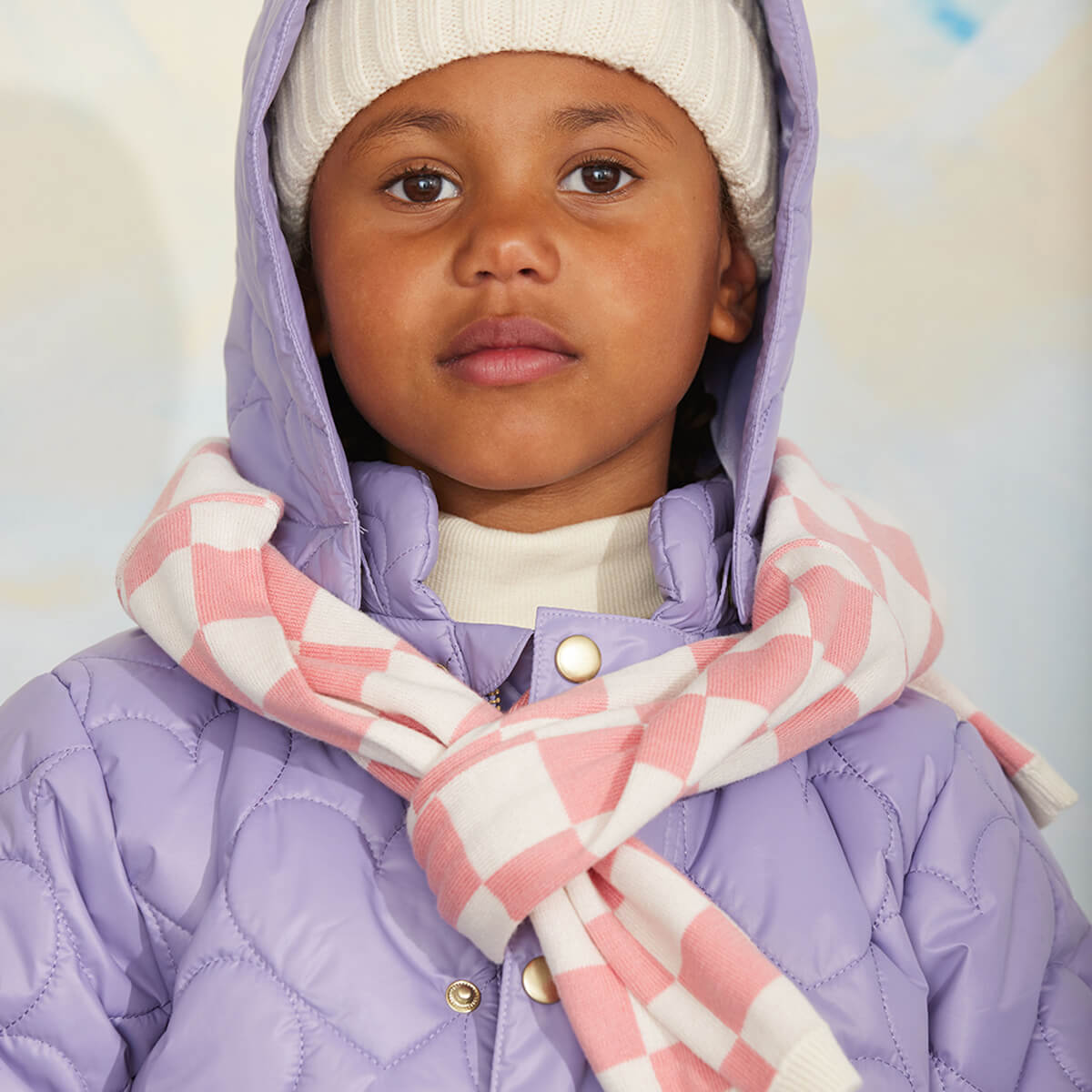 Doudoune matelassée en polyester recyclé à imprimé cœur violet avec capuche amovible pour enfant - Hiver