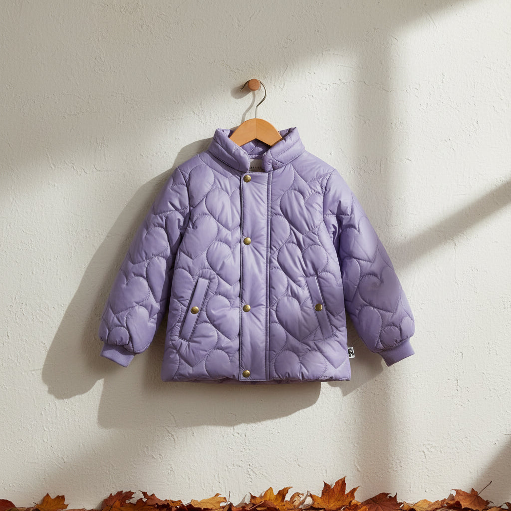 Doudoune matelassée en polyester recyclé à imprimé cœur violet avec capuche amovible pour enfant - Hiver
