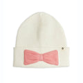 Bonnet d'hiver pour enfants, orné d'un nœud blanc cassé, en coton et laine bio tricotés.