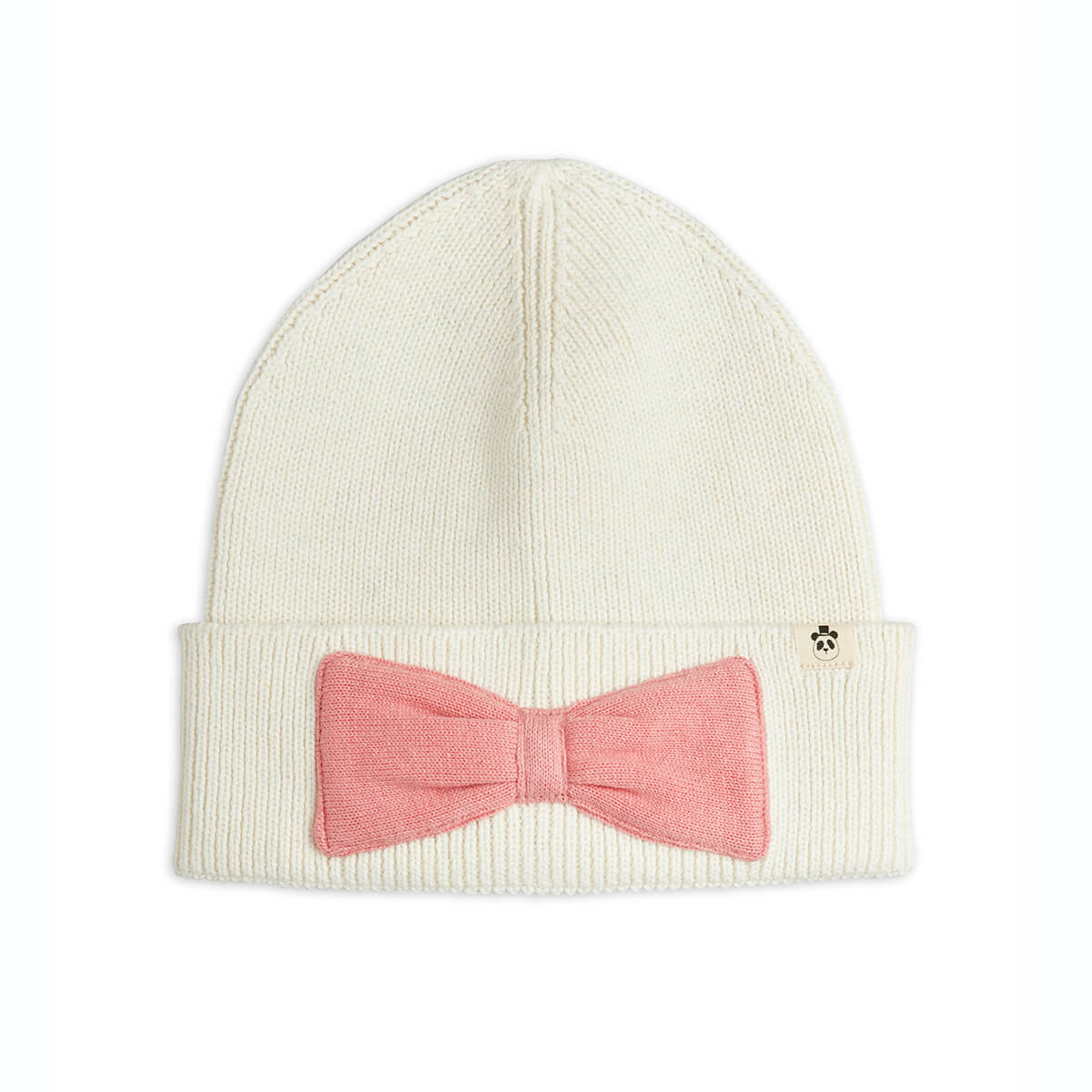 Bonnet d'hiver pour enfants, orné d'un nœud blanc cassé, en coton et laine bio tricotés.