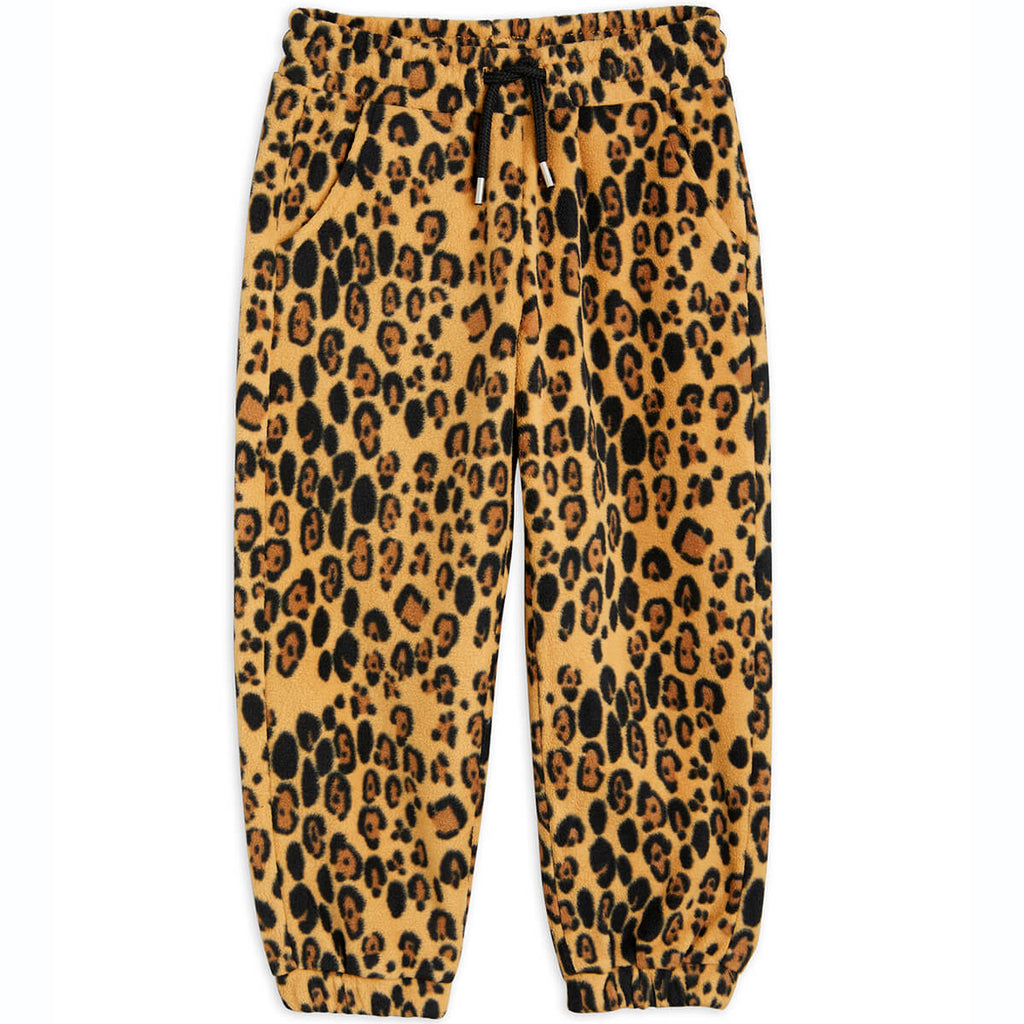 Pantalon en molleton recyclé à imprimé léopard beige avec poches latérales et taille élastique pour enfants, à porter en toute saison