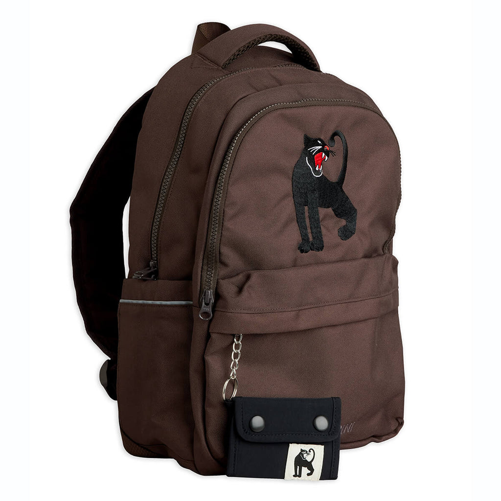 Sac à dos enfant marron en polyester recyclé brodé Panthère avec mini-sac amovible pour l'école