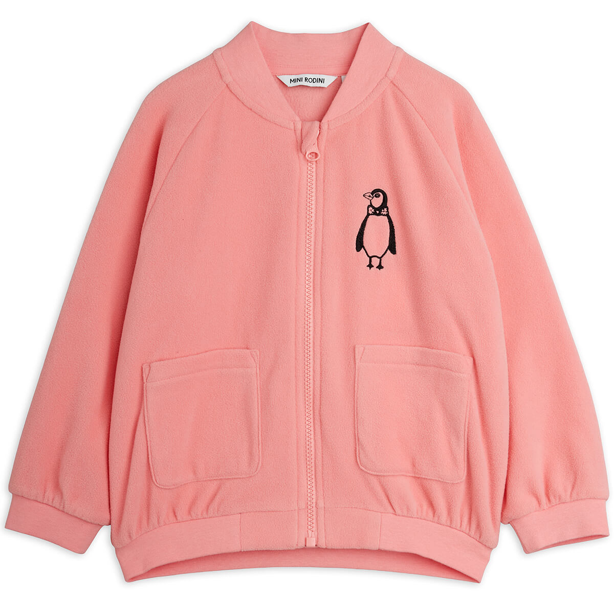 Veste micro-polaire rose Pingouin brodée avec fermeture éclair et poches pour enfants Chaleur douillette