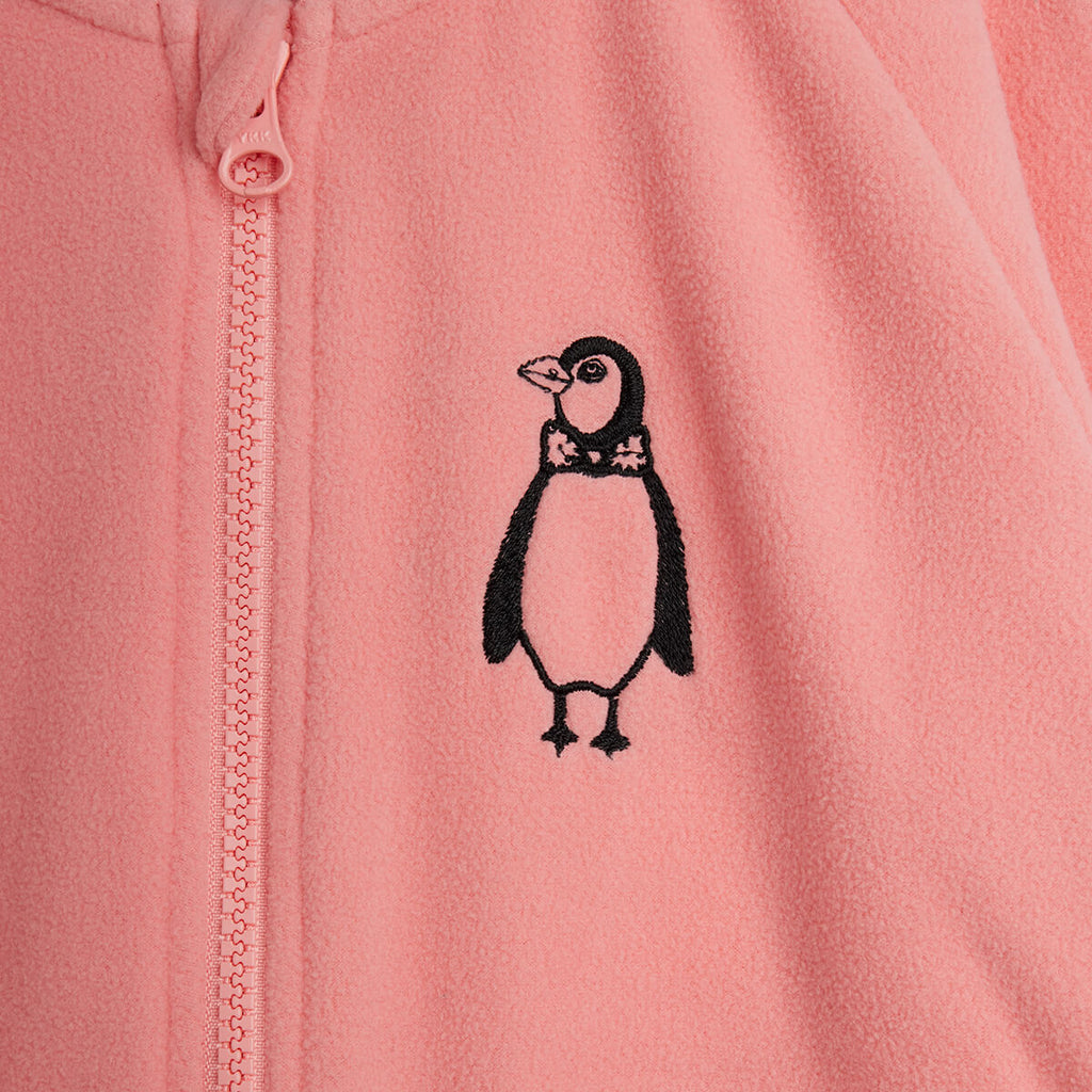 Veste micro-polaire rose Pingouin brodée avec fermeture éclair et poches pour enfants Chaleur douillette