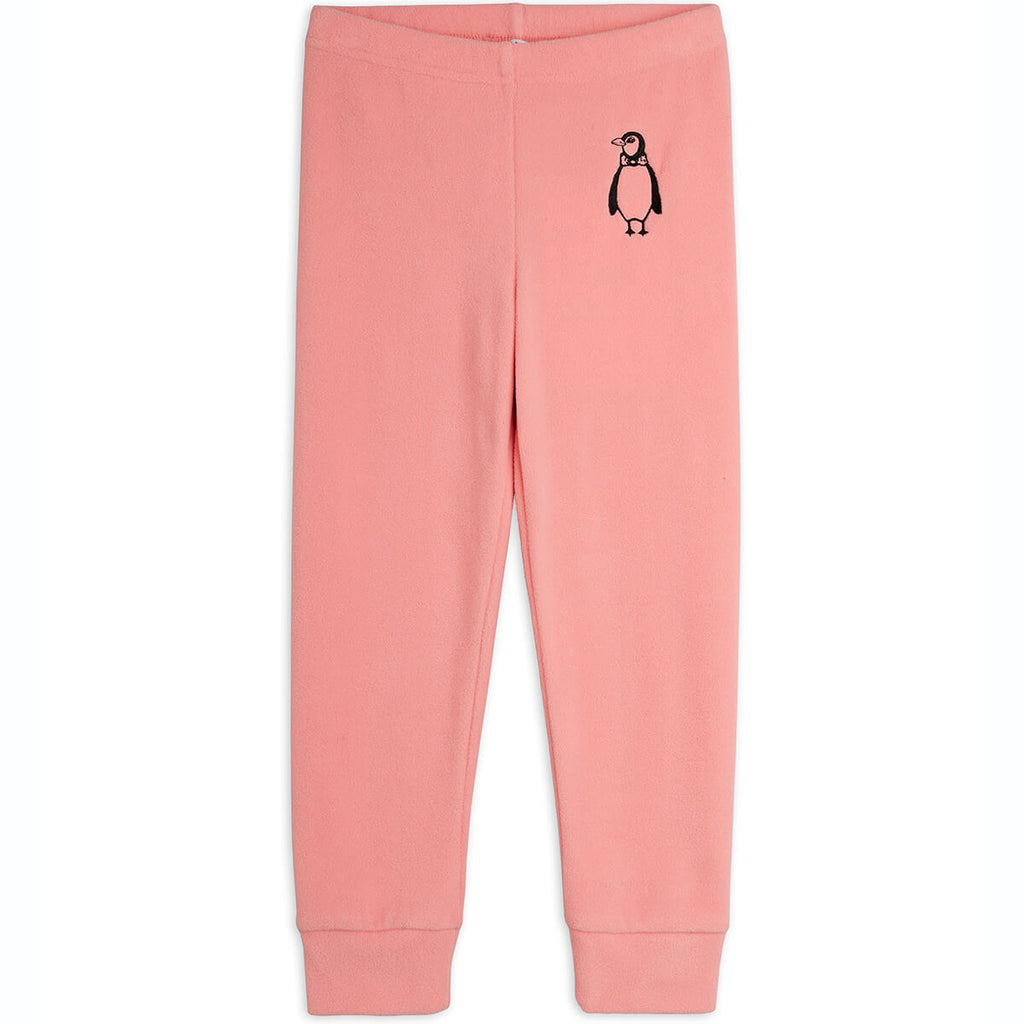 Pantalon en micropolaire brodé Pingouin rose avec taille et chevilles élastiques pour les journées douillettes des enfants