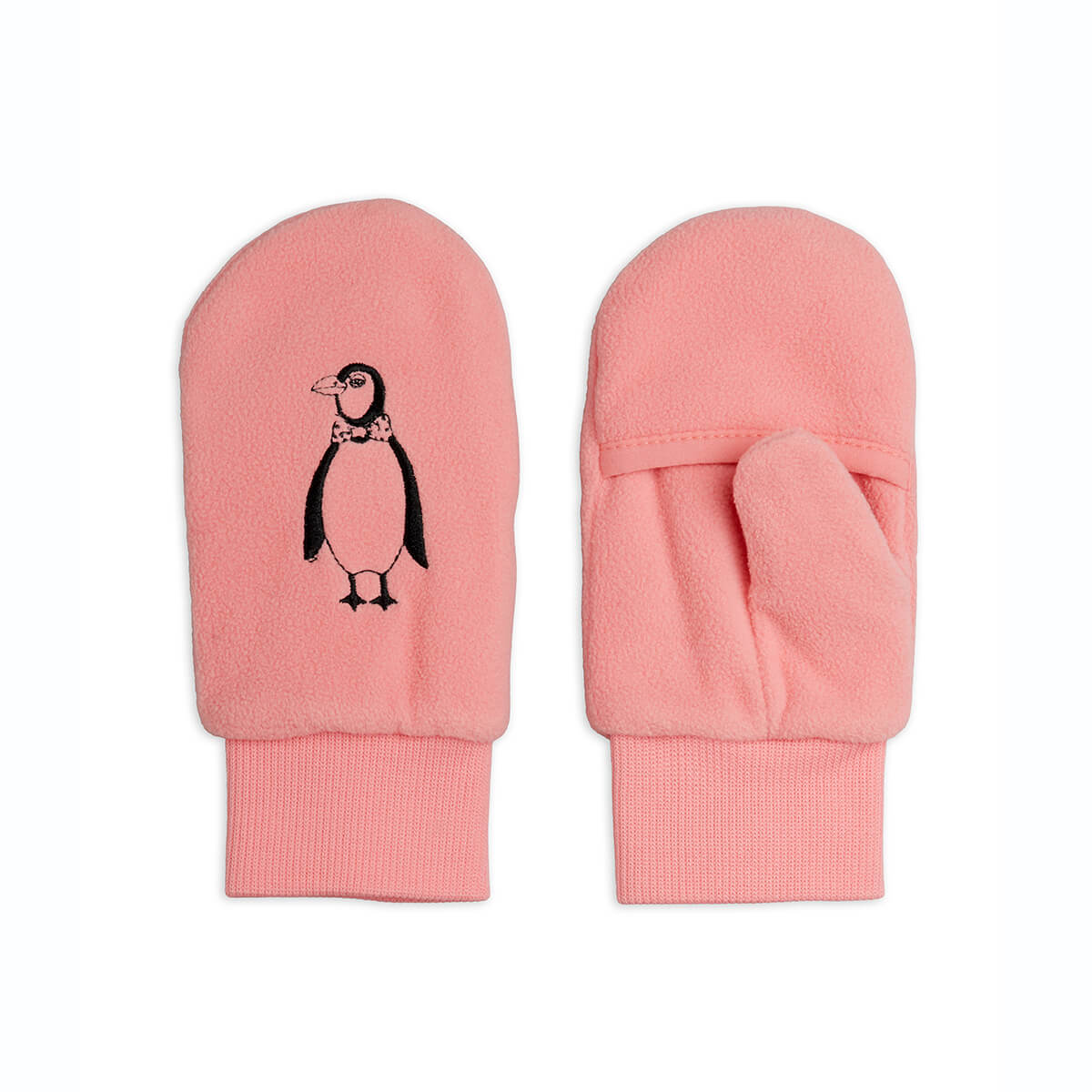 Mouffles Micro-Polaire Brodés Pingouin Rose avec Poignets Côtelés pour Enfants Hiver