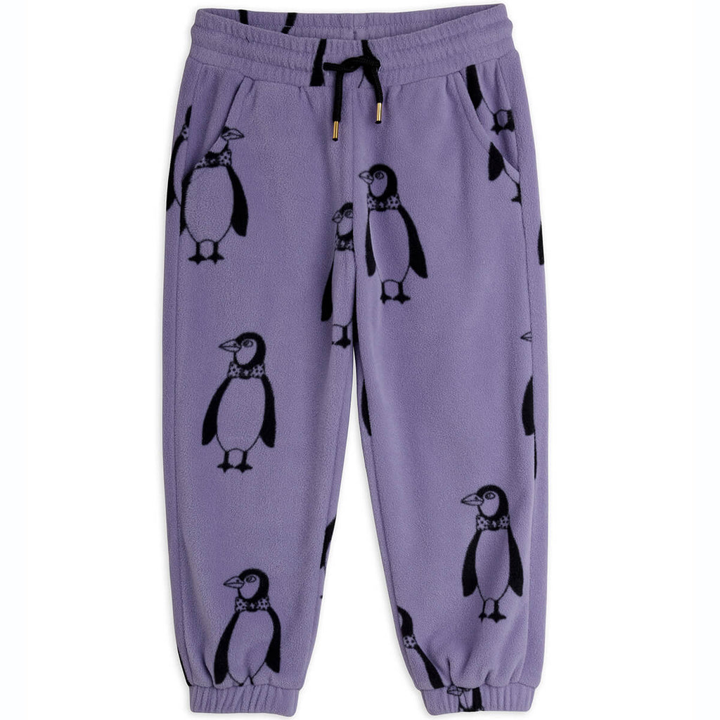 Pantalon en polaire recyclée à imprimé pingouin violet avec cordon de serrage à la taille pour enfants