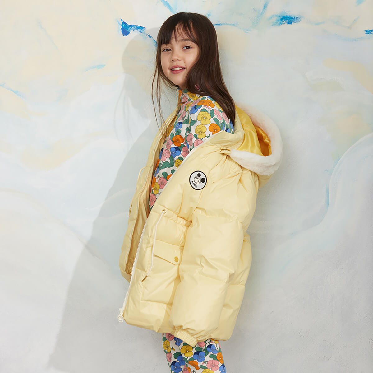 Doudoune épaisse en polyester recyclé avec appliqués patch jaunes et fermeture éclair imperméable pour enfant (hiver)