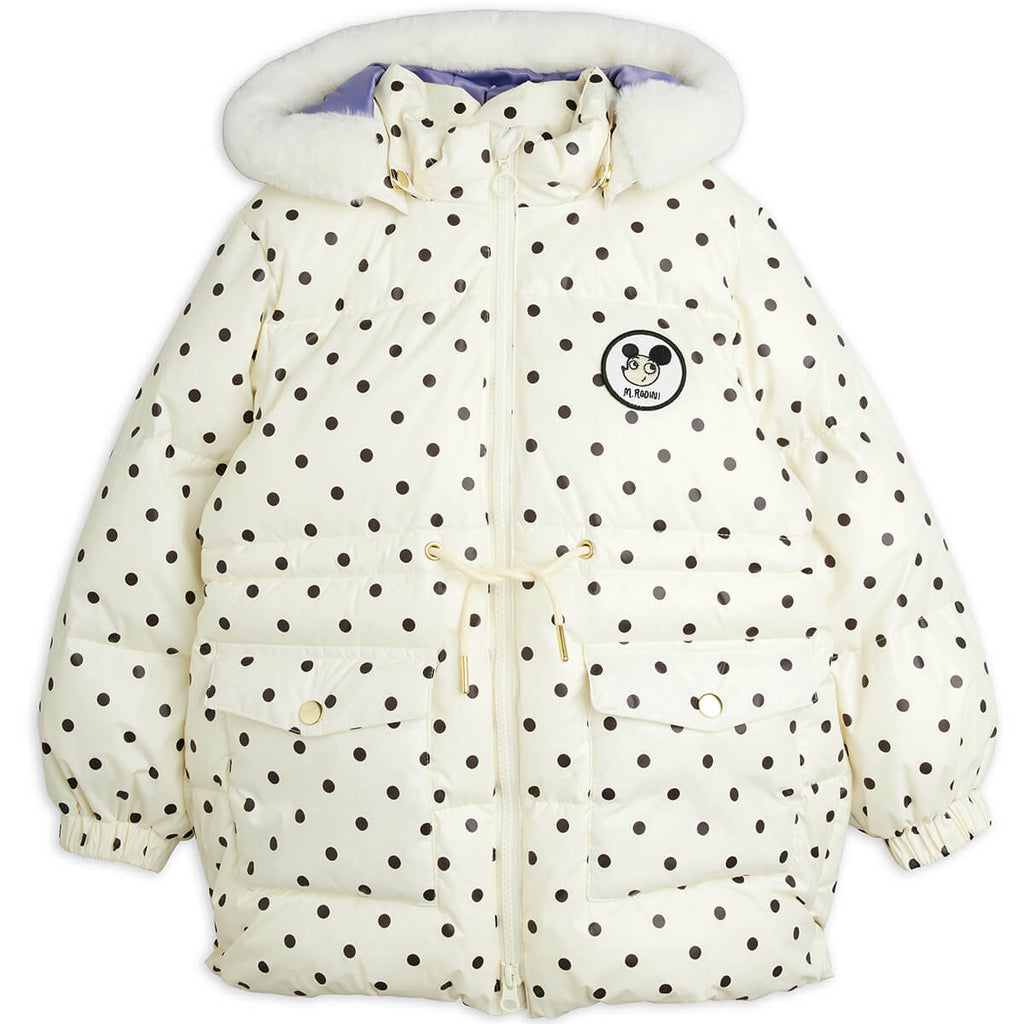 Doudoune épaisse en polyester recyclé, blanc cassé, avec écussons appliqués et poignets élastiques, idéale pour l'hiver des enfants