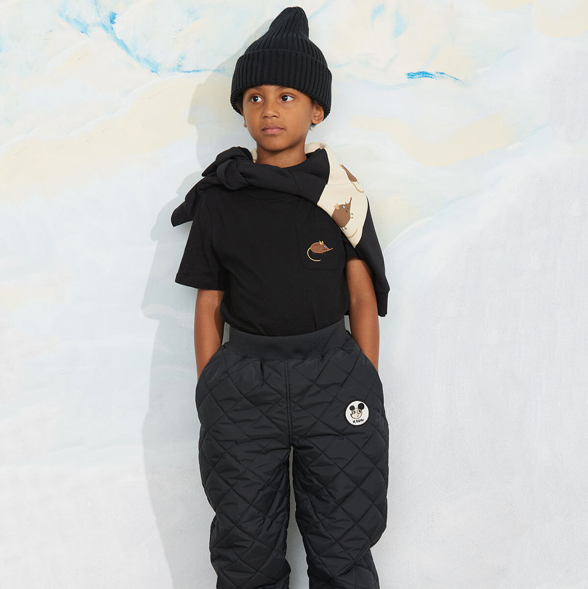 Pantalon matelassé noir en polyester recyclé avec taille élastiquée pour enfants (vêtement d'extérieur)