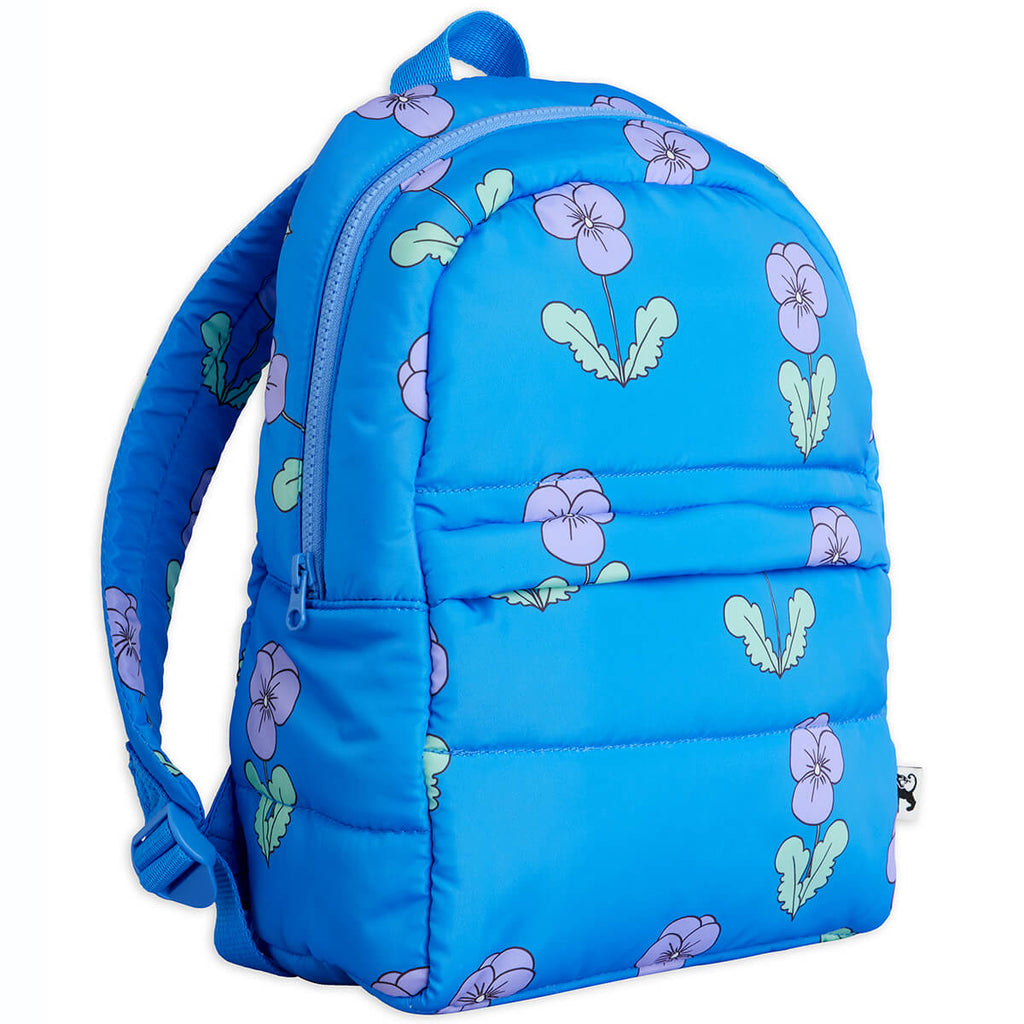 Sac à dos rembourré en polyester recyclé à motif de fleurs de pensée bleue avec fermetures éclair étanches pour l'école des enfants