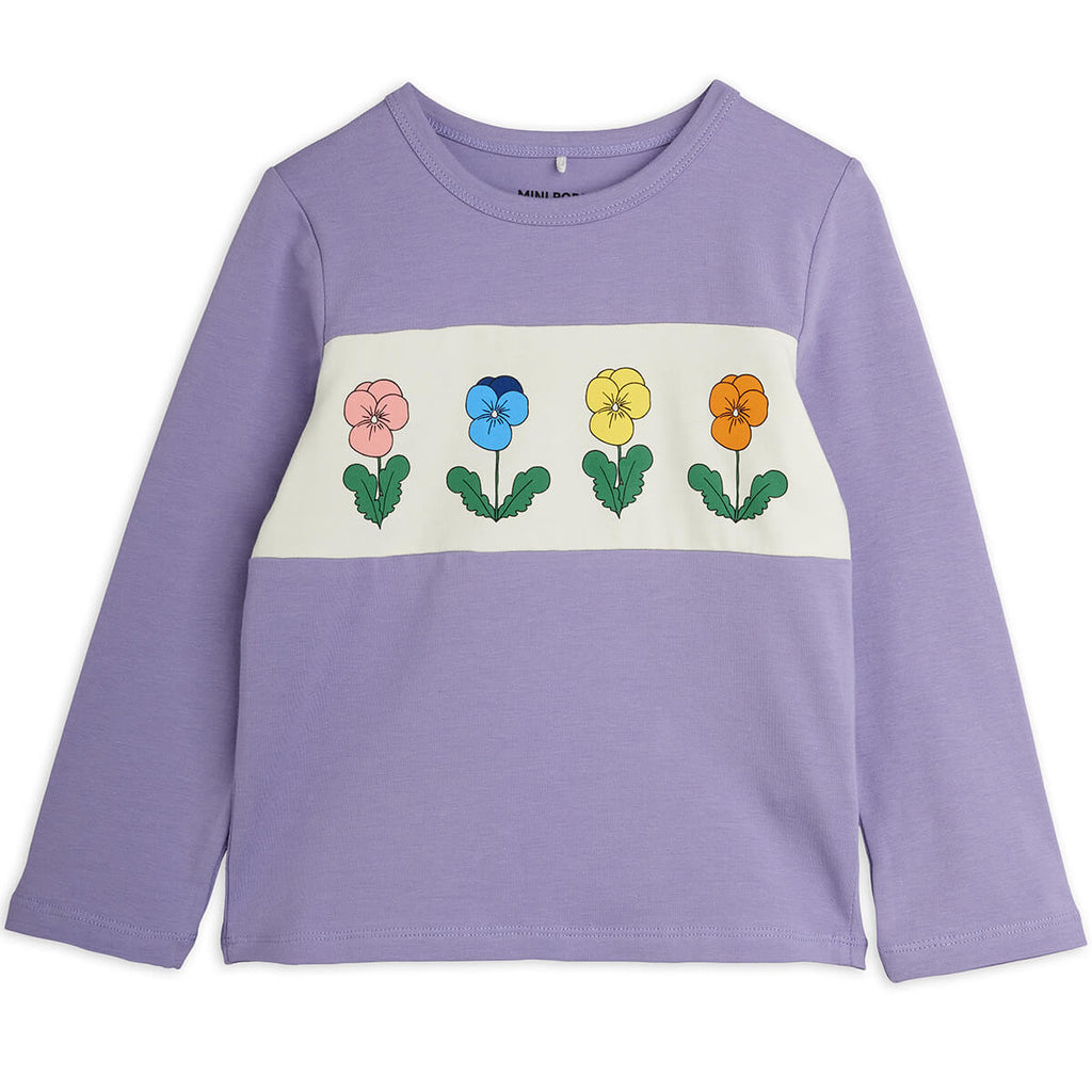Haut à manches longues en coton biologique avec panneau de fleurs de pensées violettes et encolure texturée pour le style quotidien des enfants
